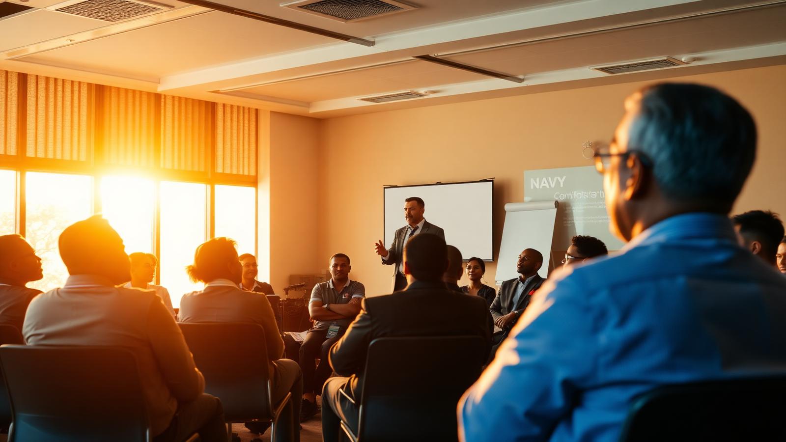 A facilitator leading a corporate training class with employees taking notes